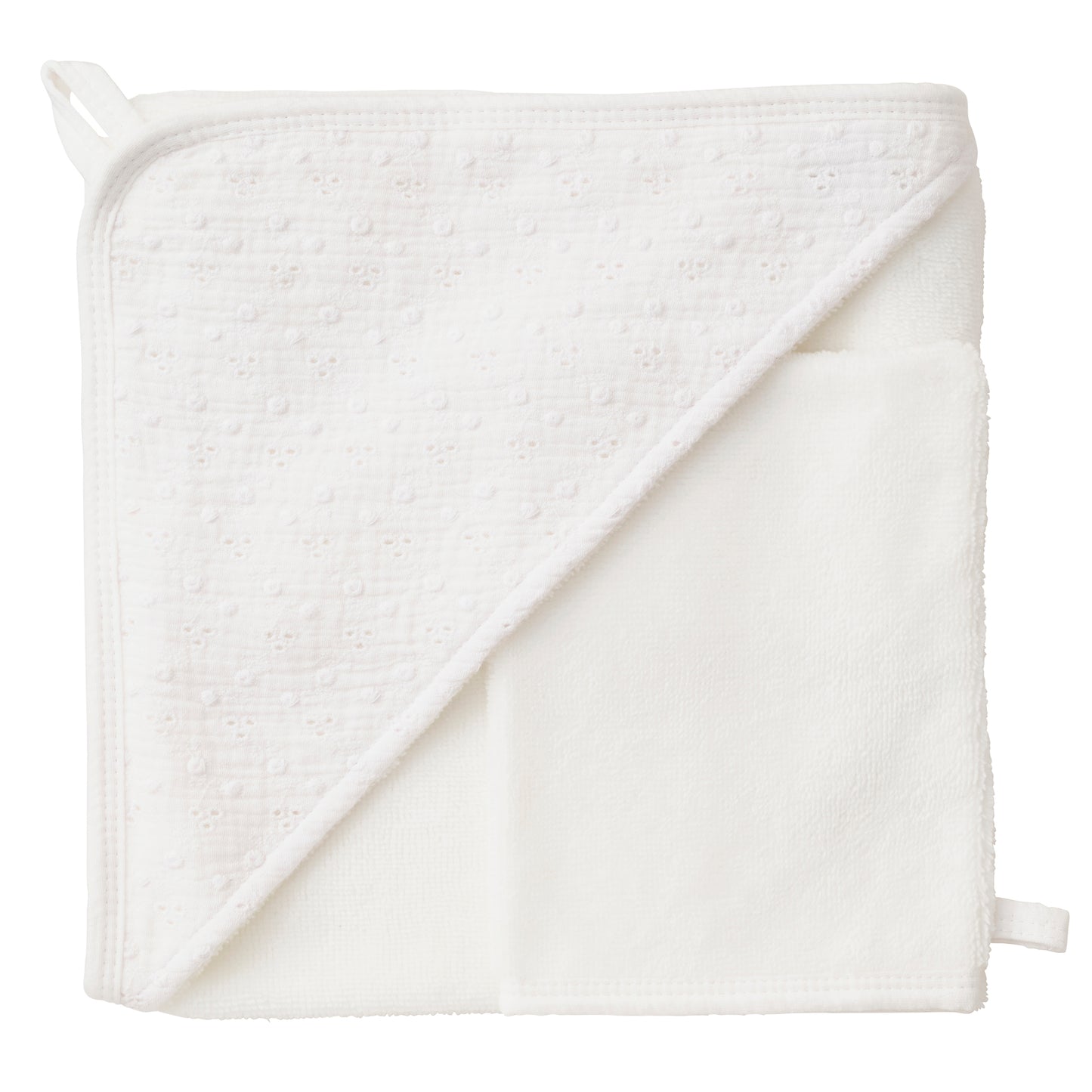 Cape de bain et gant de toilette en broderie anglaise